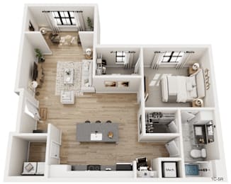 A top-down view of a modern apartment layout with a kitchen, living room, and bedrooms.