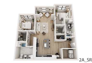A top-down view of a small apartment layout with a kitchen, living room, and bedroom.