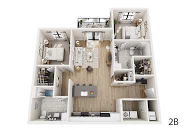 A 2B floor plan of a house with a living room, kitchen, and two bedrooms.