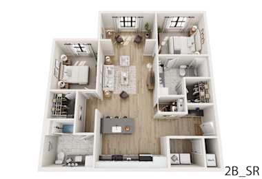 A 3D floor plan of a two bedroom, two bathroom apartment.