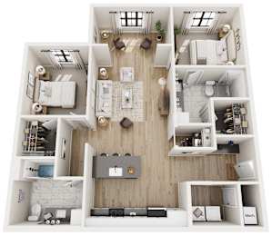 A top-down view of a small apartment layout with a kitchen, living room, and bathroom.