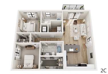 A 2C apartment layout with a kitchen, living room, and two bedrooms.