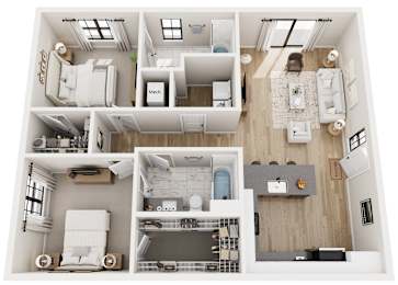 A top-down view of a modern, white-walled apartment with a kitchen, living room, and bathroom.