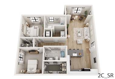 A 2C_SR floor plan shows a living room, two bedrooms, a bathroom, and a kitchen.