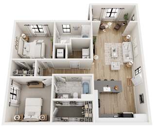 A top-down view of a modern apartment layout with labeled rooms.