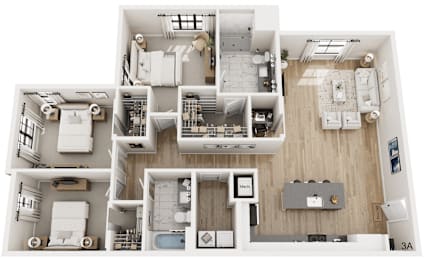 A 3A floor plan of a house with a living room, kitchen, and multiple bathrooms.