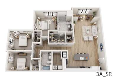 A 3A_SR floor plan shows a two-bedroom apartment with a living room, kitchen, and bathrooms.