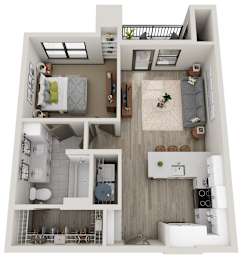 A 3D floor plan of a small apartment with a kitchen, living room, and bathroom.