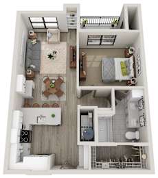 A floor plan of a small apartment with a kitchen, living room, and bathroom.