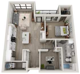 A top-down view of a small apartment with a kitchen, living room, and bedroom.
