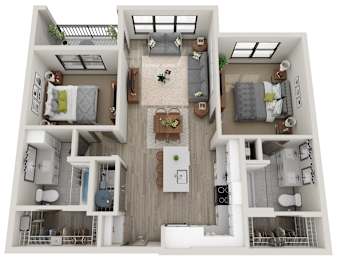 A top-down view of a two-bedroom apartment with a living room, kitchen, and bathroom.
