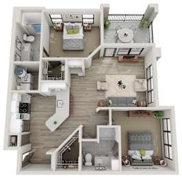 A 3D floor plan of a house with multiple rooms and furniture.