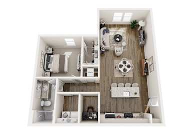 A floor plan of a small apartment with a kitchen, living room, and bathroom.