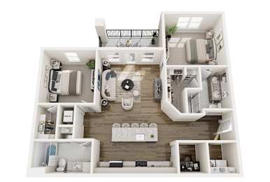 A top-down view of a modern apartment layout with a living room, kitchen, and two bedrooms.