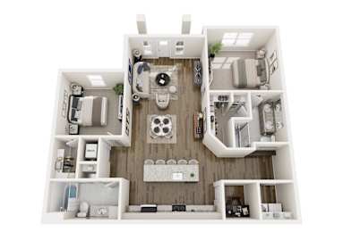 A top-down view of a small, well-organized apartment with a kitchen, living room, and bedroom.