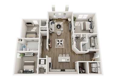 A white model of a house with a kitchen, living room, and two bedrooms.