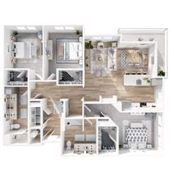 A 3D floor plan of a house showing all rooms and their layouts.