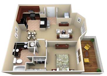 A 3D floor plan of a house with a living room, kitchen, dining room, and bedrooms.