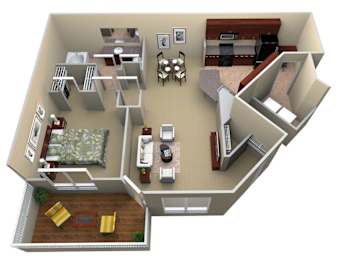 A 3D floor plan of a house with a living room, kitchen, dining room, and bedrooms.