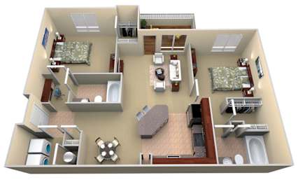 A 3D floor plan of a house with a kitchen, living room, and bathroom.