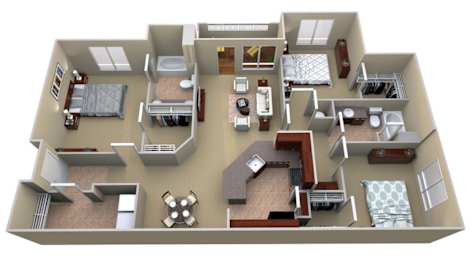 A 3D floor plan of a house with multiple rooms and furniture.