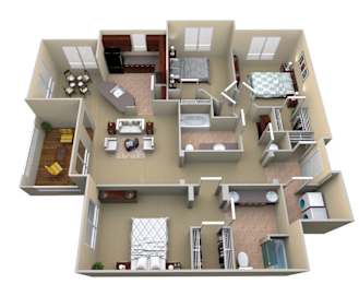 A 3D floor plan of a house with multiple rooms and furniture.