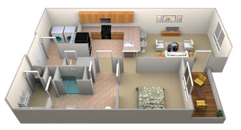 A 3D rendered image of a house layout.