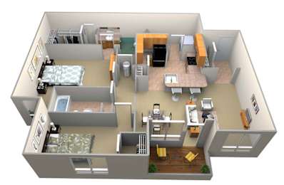 A 3D rendered image of a small apartment layout.