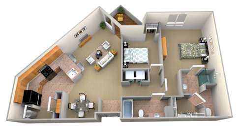 A 3D rendered image of a house layout.