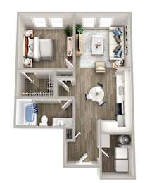 A top-down view of a modern apartment layout with a living room, kitchen, and bathroom.