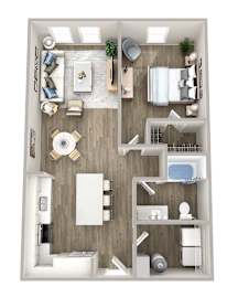 A top-down view of a modern apartment with a kitchen, living room, and bedroom.