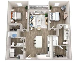 A top-down view of a modern apartment layout with a kitchen, living room, and bedrooms.