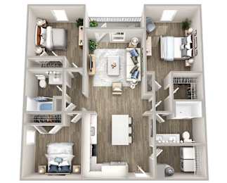 A 3D floor plan of a small apartment with a kitchen, living room, and bedrooms.