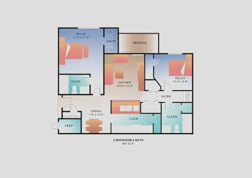 A floor plan of a 2 bedroom apartment with a bathroom.