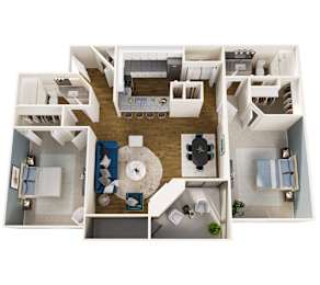 A floor plan of a house with a living room, dining room, kitchen, and two bedrooms.