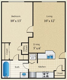 A floor plan of a small apartment with a bedroom, living room, kitchen, and bathroom.