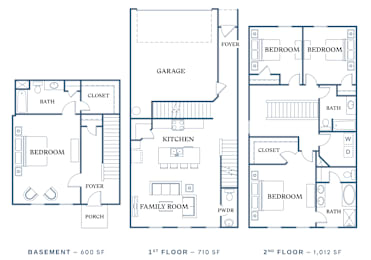 A blueprint of a house with three different floor plans.