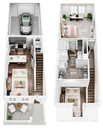 Two floor plan images of a house with a car parked in the garage.