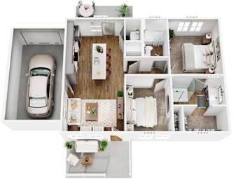 A top down view of a house with a car parked in the driveway.