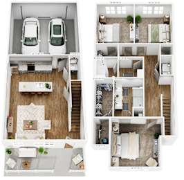A series of four images showing different layouts of a car and a house.