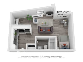 a bedroom with a bed and a chair in a room