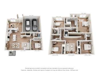 Two floor plan images of a house with dimensions and furniture layout.