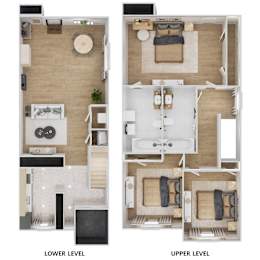 A floor plan of a two-level apartment with labeled sections.