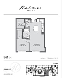 A floor plan for a Holmes Beverly apartment unit, showing a bedroom, living room, and bathroom.