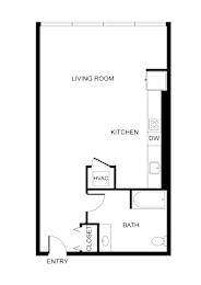 A floor plan of a small apartment with a living room, kitchen, bathroom, and entry.