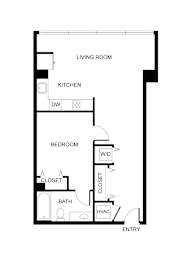 A floor plan of a small apartment with a living room, kitchen, bedroom, bathroom and closet.