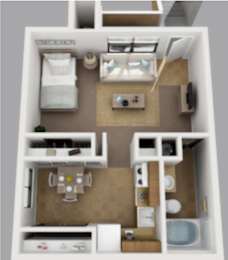 a 3d drawing of a small apartment with a bedroom and bathroom