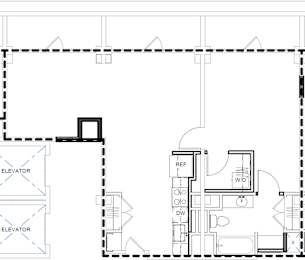 A floor plan of a building with two elevators.
