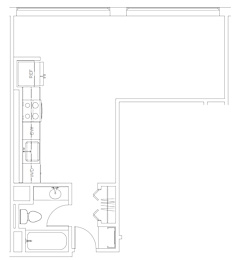 A floor plan of a room with a kitchen area and a bathroom.