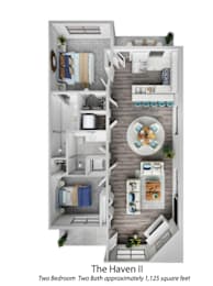 A floor plan of a two bedroom apartment with two bathrooms.